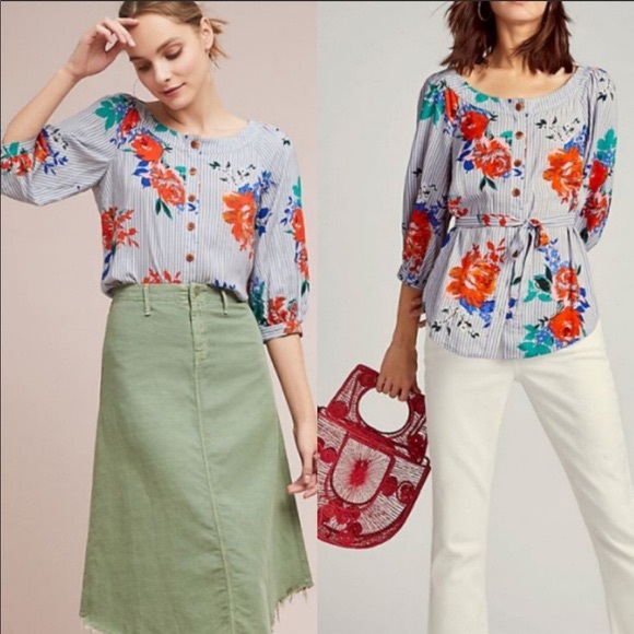 Maeve Lilorne Striped Floral Button Down Top - Picture 4 of 14